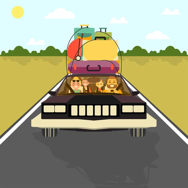 Glückliche Familie fahren mit dem Auto in den Urlaub mit all ihrem Gepäck. Vektorillustration im flachen Design. Zeichentrickfiguren, die auf einer Straße Auto fahren. Eltern und Kinder im Urlaub — Stockvektor