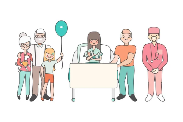 Mujer en el hospital con bebé recién nacido. Ilustración vectorial en diseño de estilo lineal. Personajes de personajes de dibujos animados en la habitación del paciente. Familiares y médicos felicitan a la niña que acaba de dar a luz. Concepto familiar . — Vector de stock