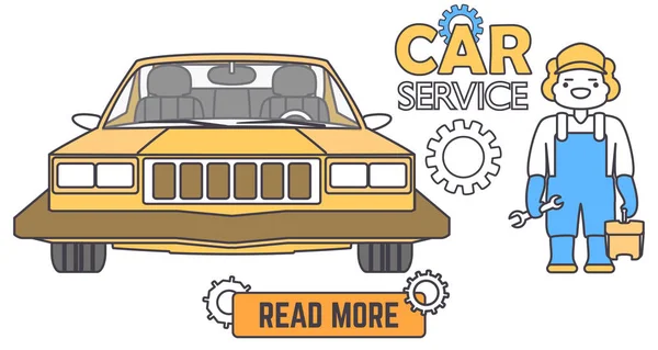 Banner de servicio de coche. Trabajador mecánico en taller de reparación de automóviles. Ilustración vectorial plana en estilo de dibujos animados . — Vector de stock