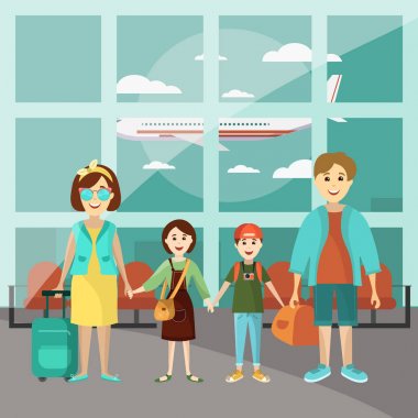 Aile kavramı vektör poster seyahat. Tatil için gidiş Havaalanı'nda iki çocuklu anne. Çizgi film insanların karakterleri düz stil tasarım. Havaalanı iç.
