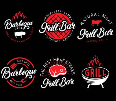 Izgara bar ve Barbekü vektör kümesi retro tarzı Etiketler. Vintage Izgara Restoran amblem, logo, çıkartmalar ve tasarım öğeleri. Barbekü işaretler, semboller ve simgeler koleksiyonu. Siyah ve kırmızı renk stili