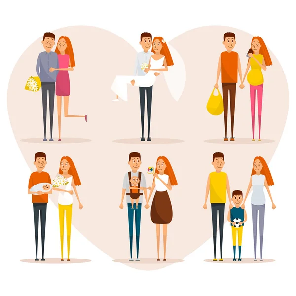 Stages of family life concept poster. Vector cartoon people characters in flat style design. First date, wedding, pregnancy, newborn baby, happy parents. Progress of couple relationships. — Stock Vector