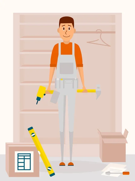 Serviço de montagem de móveis homem. Personagem de desenho animado vetorial em design de estilo plano. Handyman com ferramenta de broca e um martelo nas mãos. Coletor de móveis com chave de fenda . — Vetor de Stock