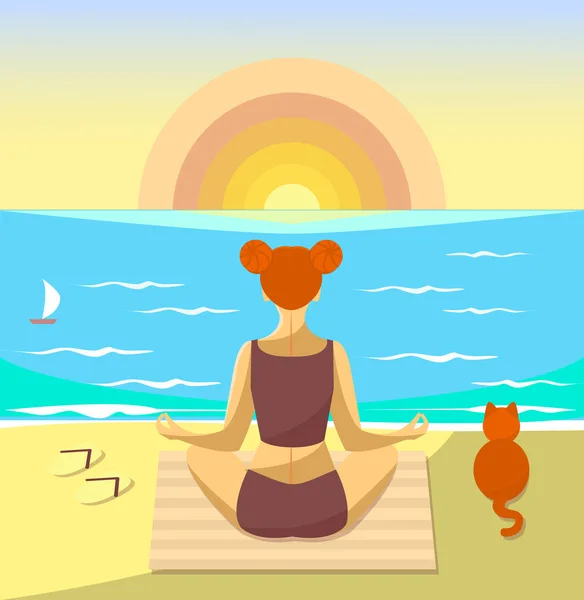 Mujer meditando en una playa. Ilustración vectorial. Chica sentarse con un gato y ver la puesta de sol sobre el mar . — Vector de stock