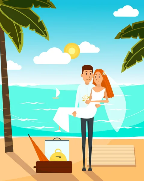 Una pareja de recién casados fue a la playa después de la boda. Cartel del concepto de vacaciones de luna de miel. Ilustración vectorial con personajes de dibujos animados en diseño de estilo plano — Archivo Imágenes Vectoriales