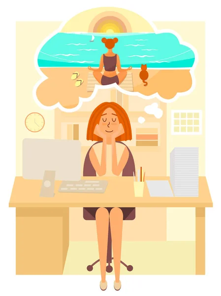 Mujer trabaja en la oficina y sueña con ir a las vacaciones de verano a la playa. Chica soñando con la meditación en el mar. Personaje de dibujos animados vectorial en diseño de estilo plano . — Vector de stock