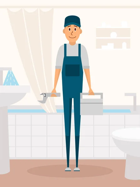 配管工の労働者の漫画のキャラクター。ツール ボックスと配管レンチを持って浴室で男性キャラ立っています。フラット スタイルのデザインのベクトル図. — ストックベクタ