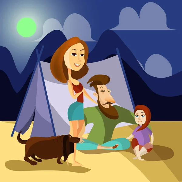 Cartel concepto camping familia. Personajes de personajes de dibujos animados vectoriales. La familia y el perro se sientan al lado de la tienda. Vacaciones al aire libre — Archivo Imágenes Vectoriales