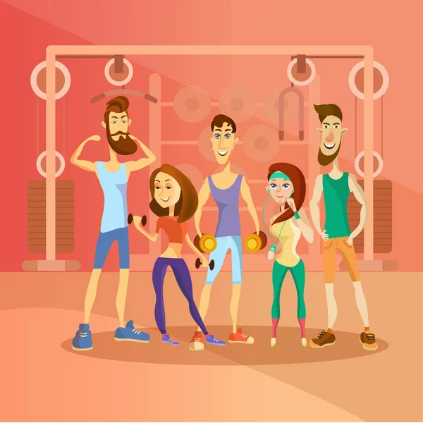 Grupo de personas haciendo ejercicio en un gimnasio y vestidas con ropa deportiva. Personajes de personajes de dibujos animados Fitness. Ilustración vectorial en estilo plano — Archivo Imágenes Vectoriales