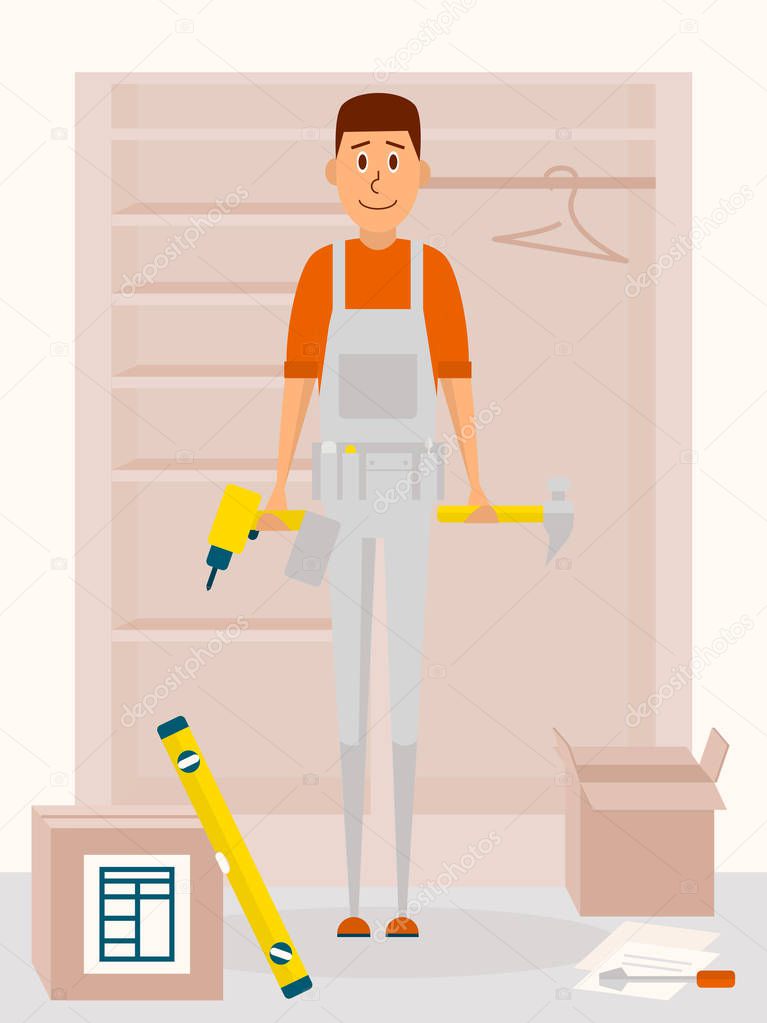 Furniture assembly service man. Vector cartoon character in flat style design. Handyman with drill tool and a hammer in hands. Furniture collector with screwdriver.
