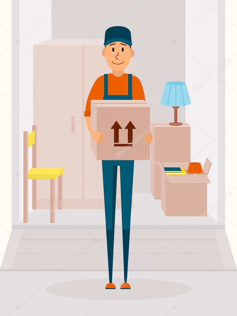 Relocation service concept vector poster. Delivery man cartoon vector character. Man hold the cardboard box. Illustration in flat style design.