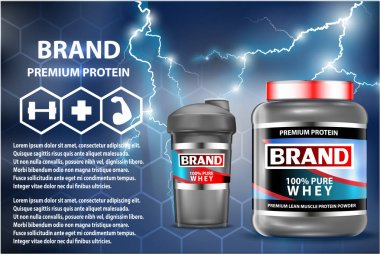 Spor beslenme ürün konteynerler reklam. Ağırlık gainers küme. Peynir altı suyu protein şişe. 3D vektör ürün paketleme. Vücut geliştirme gıda takviyeleri kavanoz