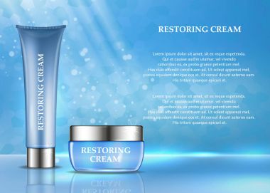 Kozmetik ürünleri reklam. 3D illüstrasyon vektör. Cilt Bakımı şişe şablon tasarımı. Yüz ve vücut krem ve losyon oluşturan