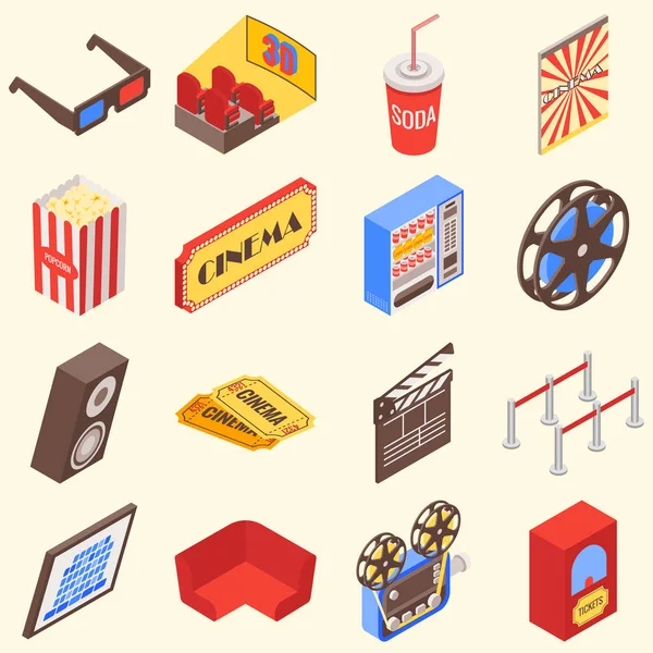 Accesorios de cine y gadgets en diseño de estilo isométrico. Vector planos 3d iconos — Archivo Imágenes Vectoriales