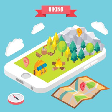 Bir park izometrik nesneleri cep telefonun ekranında hiking. Vektör çizim düz 3d tarzı. Açık hava etkinliği dağ orman içinde. Konsept illüstrasyon her yerde kal Online