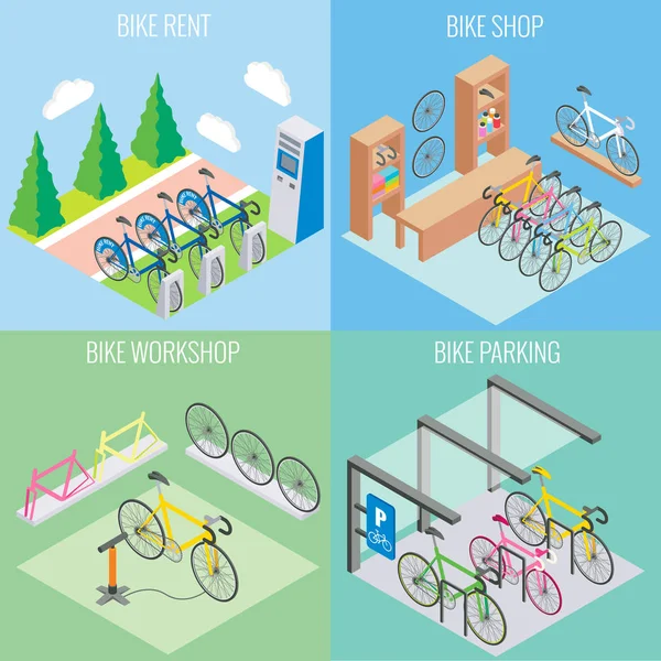 Ciudad bicicleta concepto vector en estilo isométrico. Ilustración en diseño plano 3d. Aparcamiento para bicicletas, taller de reparación y alquiler de bicicletas — Archivo Imágenes Vectoriales