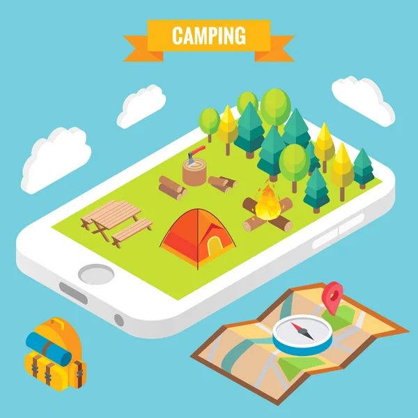 Camping i parkobjekter på mobilskjerm. Vektorillustrasjon i 3d-stil. Utendørs leiraktivitet i en park. Hold deg online overalt konseptillustrasjon – stockvektor