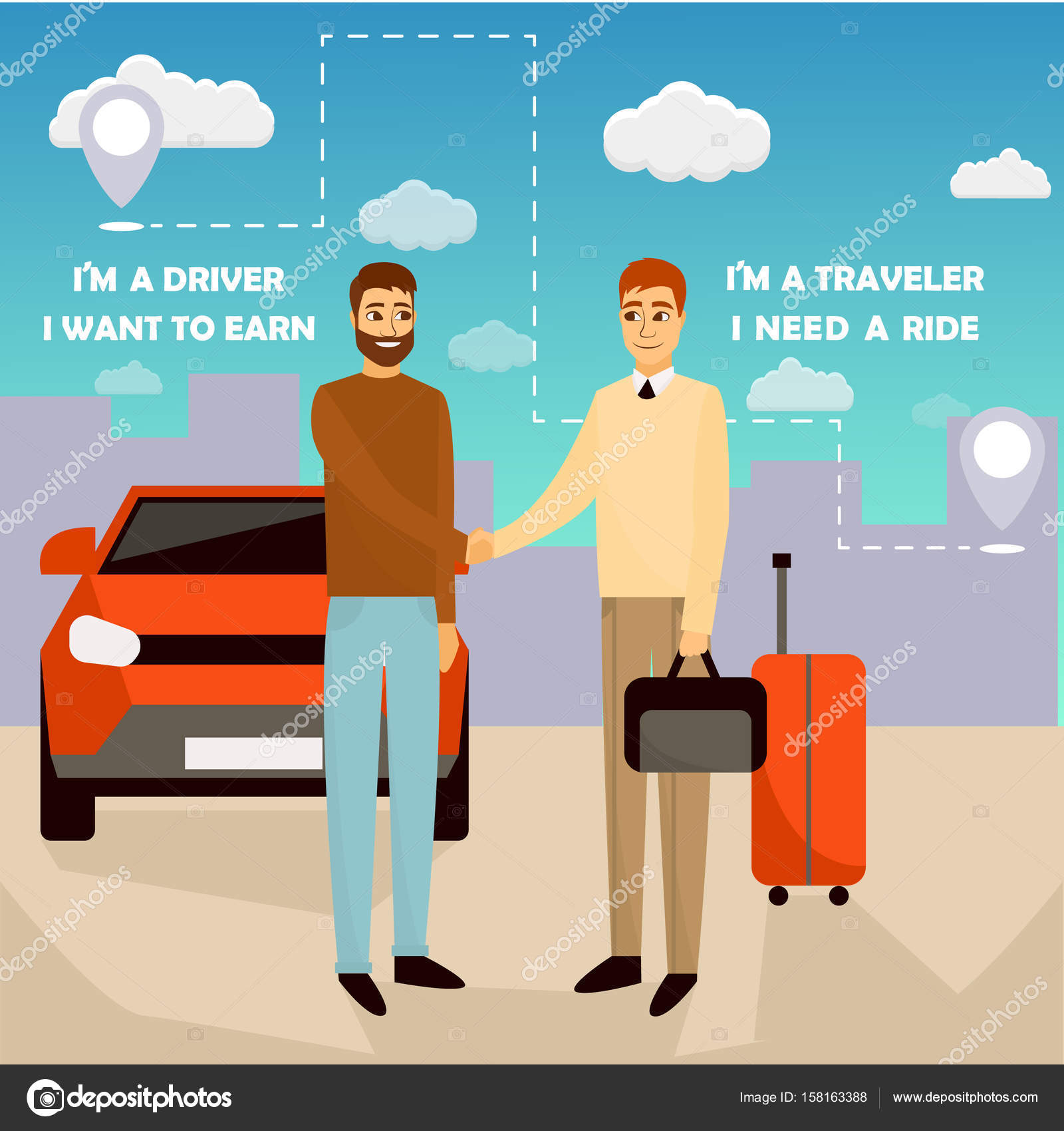 Carpooling concept vector illustration in cartoon style. Carpool and car  sharing service poster. Two men shaking hands in front of the car Stock  Vector Image by ©SiberianArt #158163388