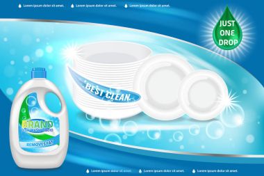 Bulaşık yıkama sıvı ürünler reklam. 3D illüstrasyon vektör. Şişe şablon tasarımı. Bulaşık yıkama marka şişe reklam afişi düzeni