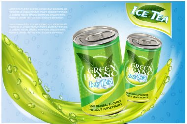 Buz çay ürünleri reklam. 3D illüstrasyon vektör. Meşrubat alüminyum kalıp çizmek olabilir. Yeşil çay şişe reklam afişi düzeni