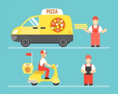 Gıda teslim hizmeti vektör kavramı. Araba ve Motosiklet ile pizza teslim. Adam holding pizza