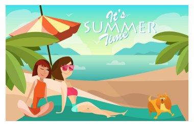 Çift kızlar plaj karikatür illüstrasyon vektör. Yaz tatil kavramı poster karikatür tarzı. İnsanlar karakterler ve köpek