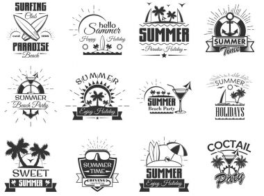 Vektör yaz sezonu etiket vintage tarzı ayarlayın. Tasarım öğeleri, simgeler, logo. Yaz kampı, plaj tatil, tropikal deniz tatil. -hisse senedi vektör