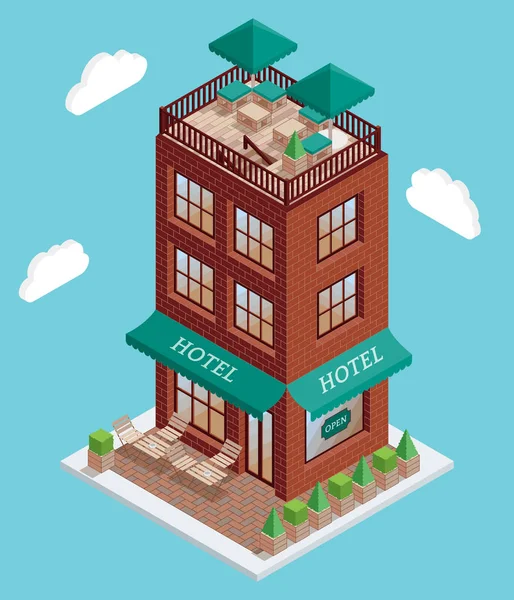 Hotel icon w vector izometryczny styl. Ilustracja w płaskie 3d design. Hotel elementu na białym tle budynku. Architektura miejska miasta do projektowania sieci web i gry. — Wektor stockowy