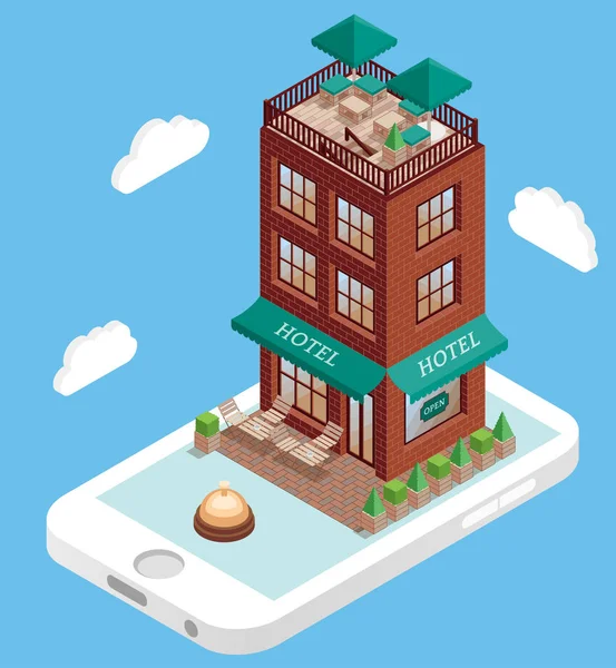 Hotel building on mobile phone screen in vector isometric style. Booking hotel online using smartphone. Illustration in flat 3d design. Hotel building isolated element