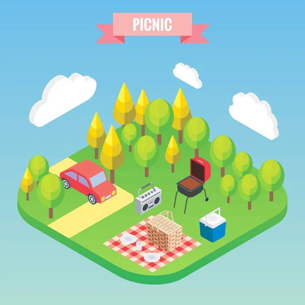 Пикник в парке изометрических объектов. Векторная иллюстрация в плоском 3D стиле. Семейный отдых на природе — стоковый вектор