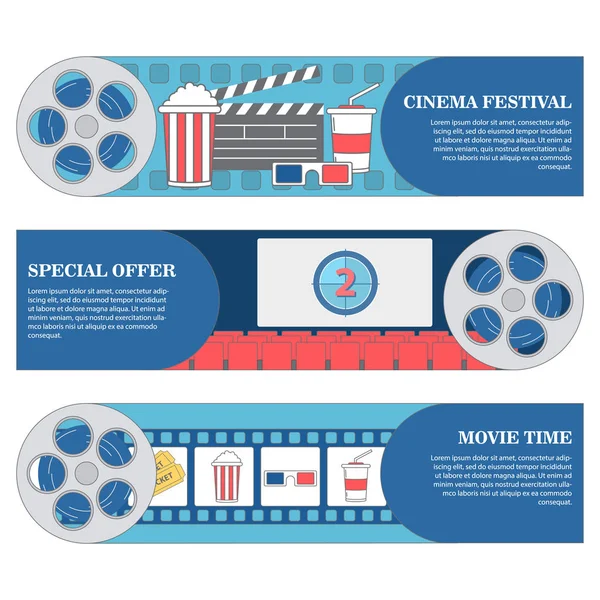 Sinema Festivali yatay Banner. Vektör film sinema afiş ve ayarlayın. poster tasarım şablonu düz tarzı — Stok Vektör