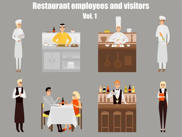 Restaurant workers cartoon characters. People work in restaurant isolated. Japanese cook cooking sushi. Couple on a date in cafe. Vector illustration in flat style design — Stock Vector