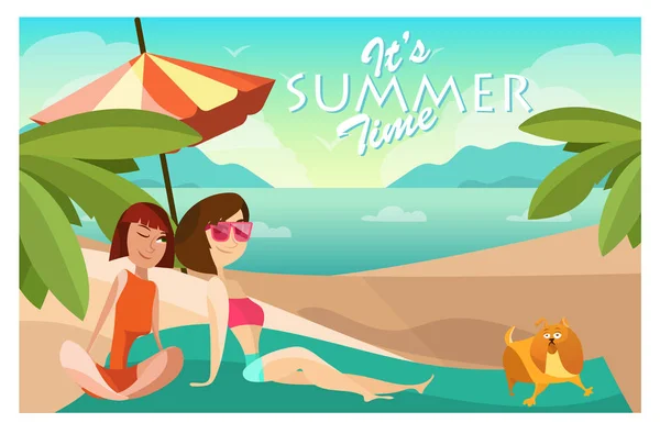 Un par de chicas en una ilustración vectorial de dibujos animados de playa. Cartel del concepto de vacaciones de verano en estilo de dibujos animados. Personas personajes y perro — Vector de stock