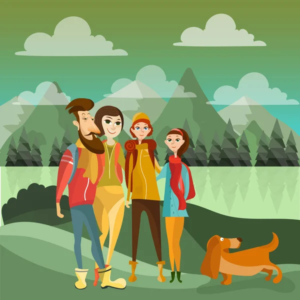 Familie wandelen in de bergen concept vector poster in vlakke stijl. Mensen stripfiguren. Familie outdoor activiteit — Stockvector