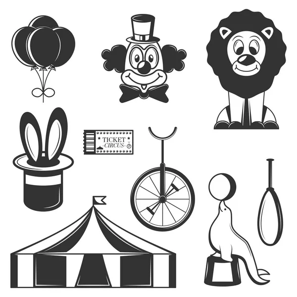 Conjunto vetorial de ícones isolados de circo. Símbolos de circo preto e branco e elementos de design . —  Vetores de Stock