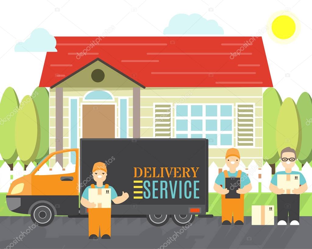 Delivery service icons in cartoon style. Relocation service company deliver boxes by truck. Vector isolated objects