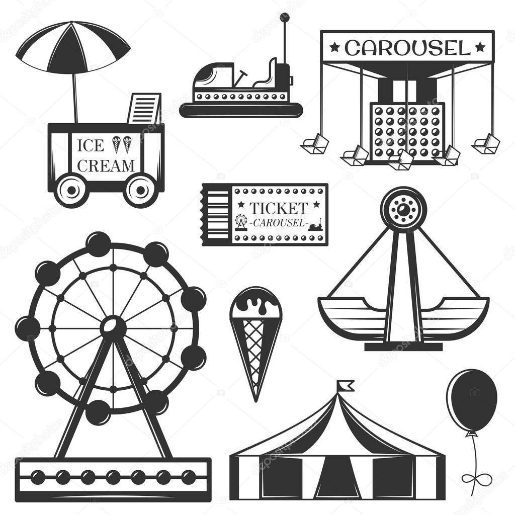Vector set of amusement park isolated icons and objects. Black and white amusement park symbols and design elements. Attractions, carousel, wheel, ice cream cart.