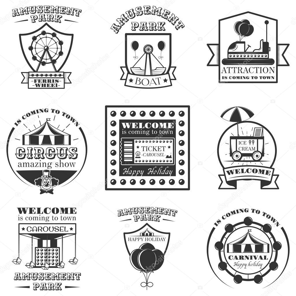 Vector set of amuesment park labels and design elements in vintage style. Black and white amusement park symbols, logos, bages and design elements. Attractions, carousel, wheel, ice cream cart.