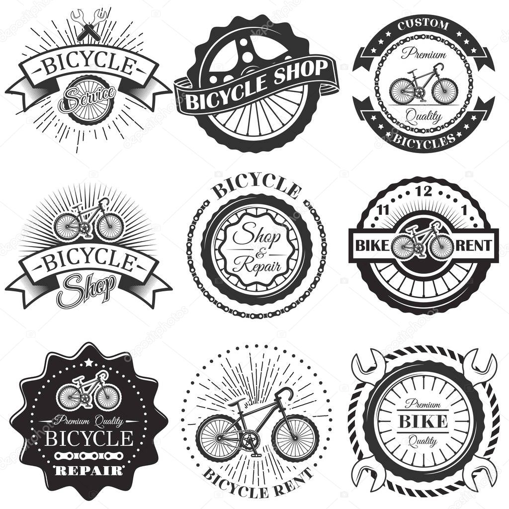 Vector set of bicycle repair shop labels and design elements in vintage black and white style. Bike logo, symbols, emblems.