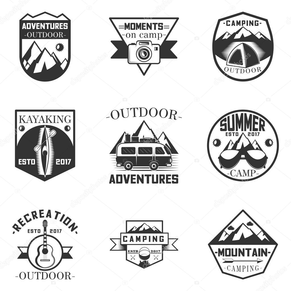 Vector set of outdoor activity, camping and expedition labels in vintage style. Design elements, icons, logo. Camp outdoor adventure illustration.