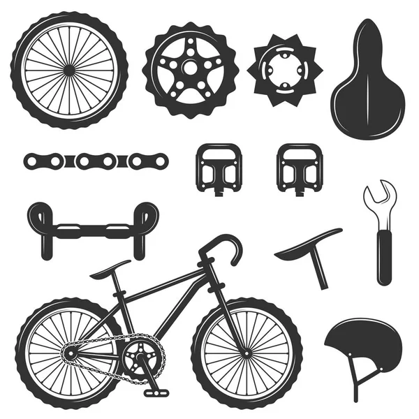 Conjunto vectorial de piezas de bicicleta iconos aislados. Símbolos de bicicleta en blanco y negro y elementos de diseño . — Archivo Imágenes Vectoriales