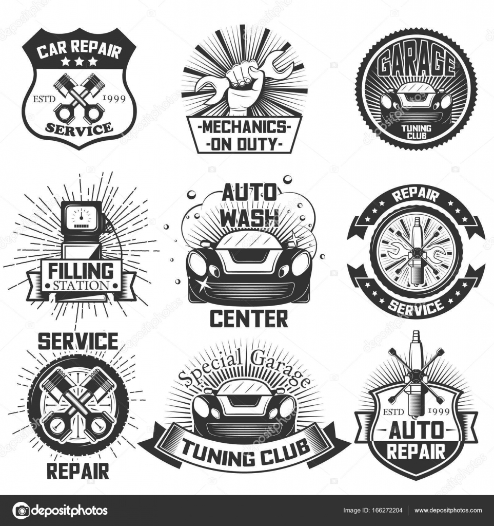 Autoservice-Logos Vektor-Etiketten, Abzeichen und Symbole Set