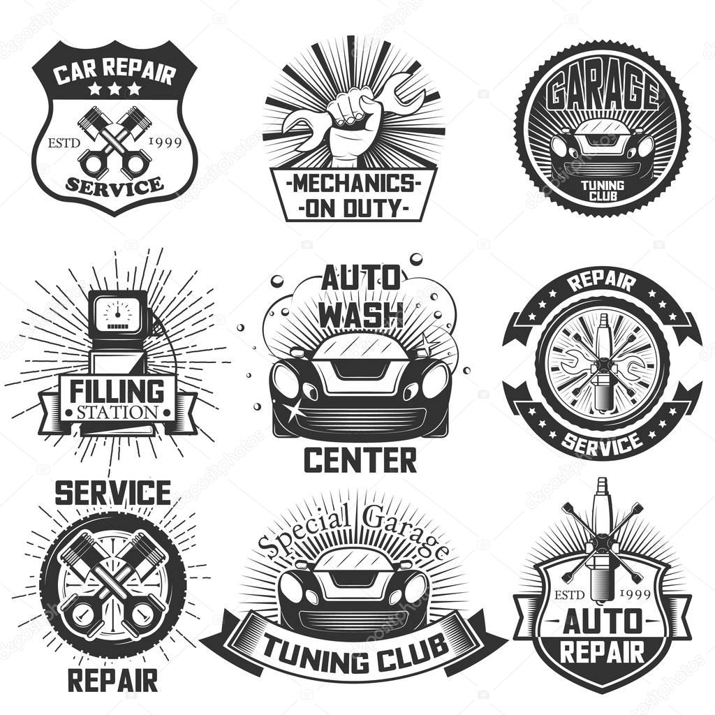 Car service logos vintage vector labels, badges and icons set