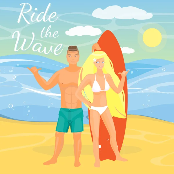 Vector plana ilustração de surfe casal mostrando shaka gesto —  Vetores de Stock