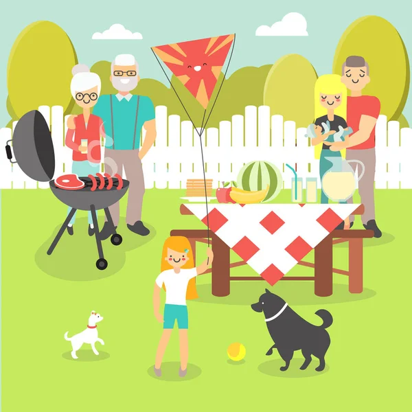 Illustrazione vettoriale di picnic familiare in stile piatto — Vettoriale Stock