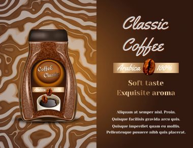Kahve ürünleri reklam. 3D illüstrasyon vektör. Hazır kahve şişe şablon tasarımı. Arabica marka şişe reklam afişi düzeni