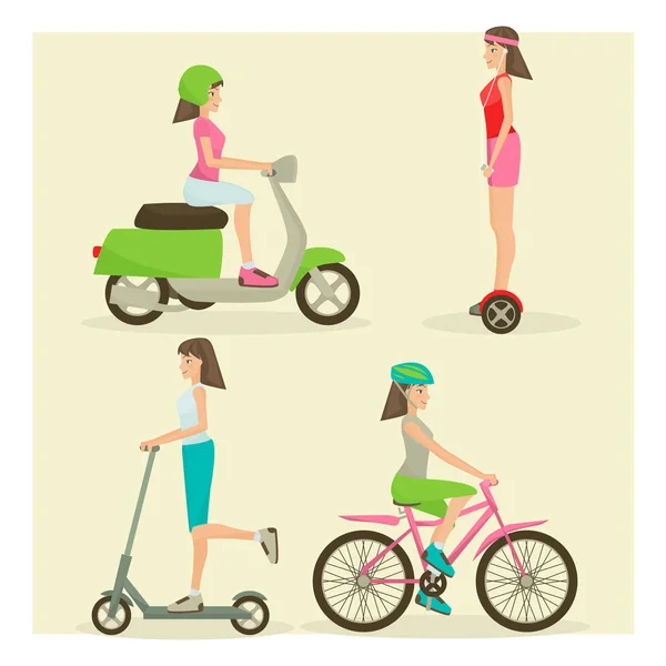 Conjunto vectorial de chicas montando modernos símbolos planos de transporte callejero — Archivo Imágenes Vectoriales