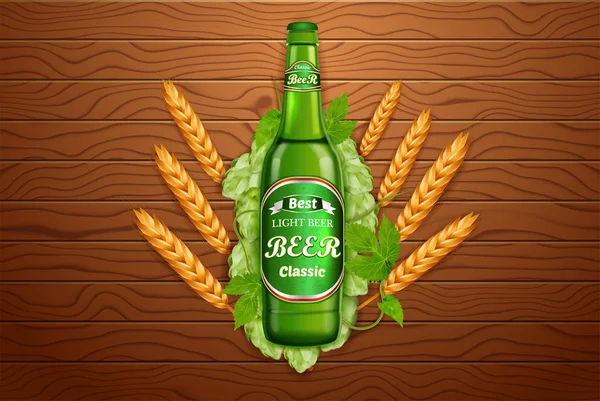 现实的啤酒产品广告。矢量 3d 图。淡啤酒瓶模板设计。含酒精的饮料品牌玻璃瓶广告海报布局 — 图库矢量图片