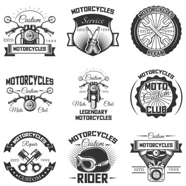 Vintage motosiklet amblem, etiketleri, rozetleri ve logo vektör kümesi