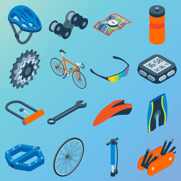 Vector set of bicycle parts isolated isometric icons. Bicycle objects and design elements. Bike repair gears. Stars, wheels, helmet, seat